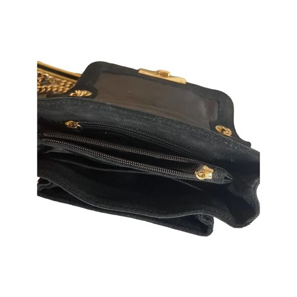 Michael Kors Black Suede Crossbody Purse Bag with Gold Trim - Picture 4 of 8